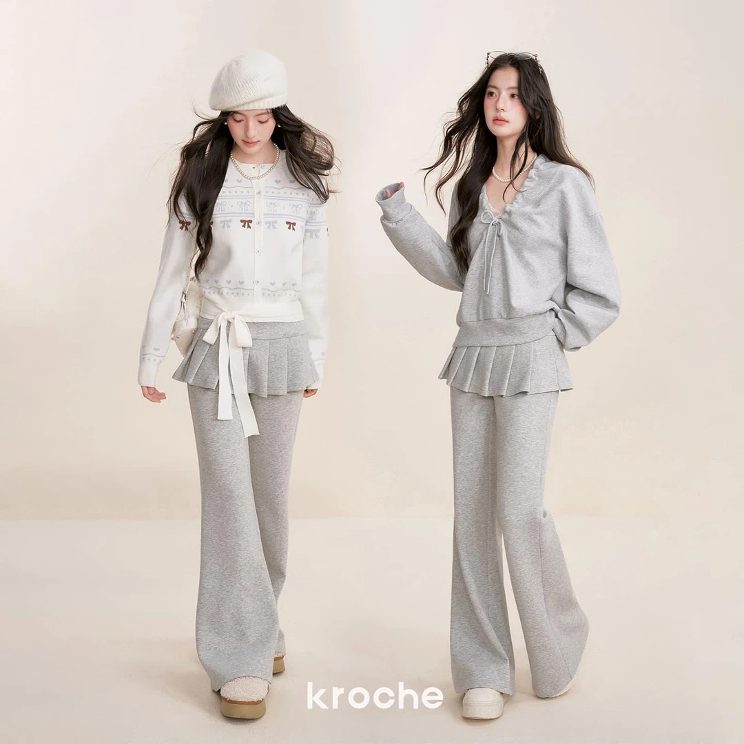 【木木在哪专属】Kroche 25aw 松紧腰A字百褶裙拼接休闲微喇裤