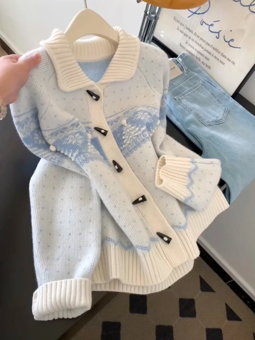 韩系慵懒风撞色翻领长袖毛衣外套女秋冬新款宽松显瘦针织开衫上衣