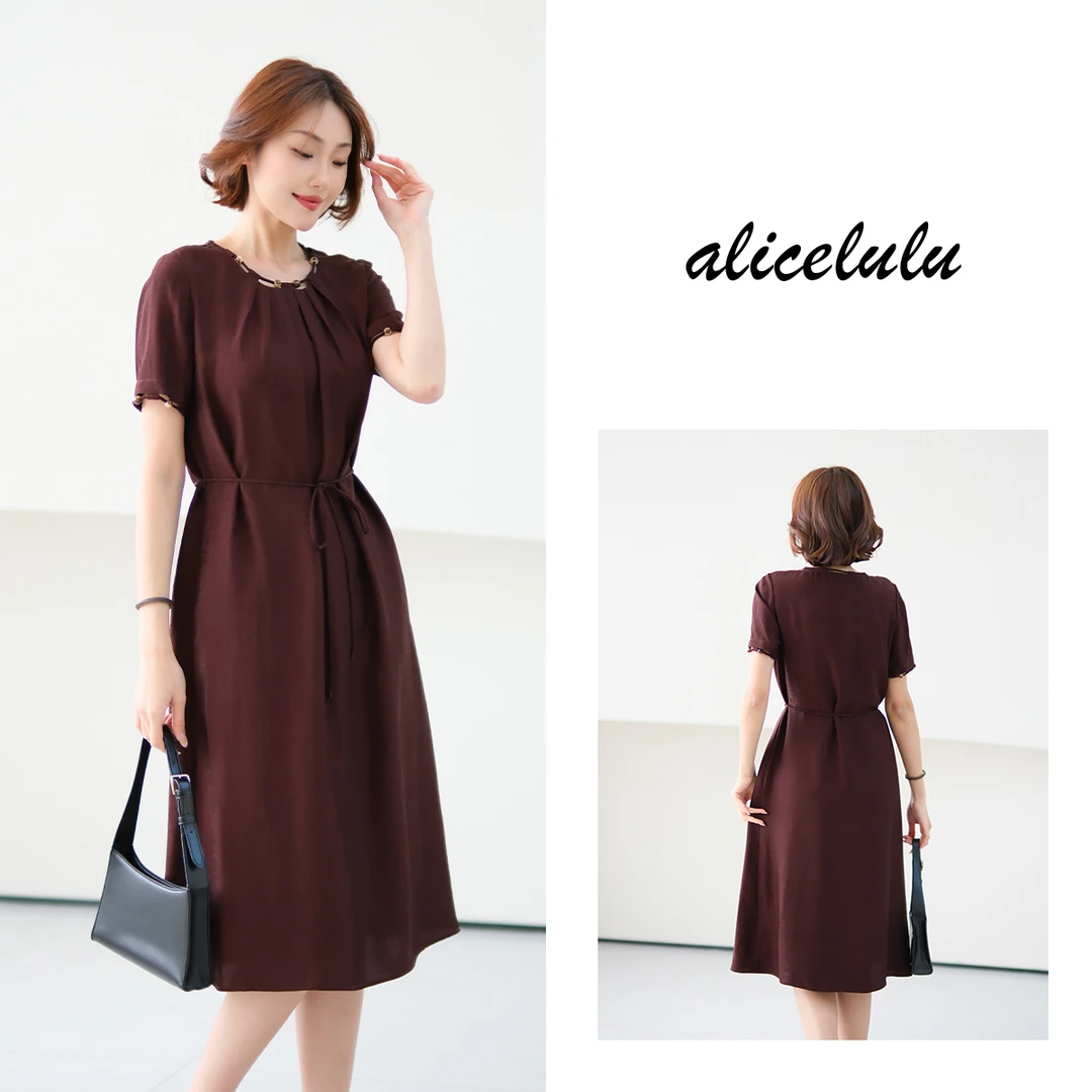 [alicelulu]时尚洋气优雅高级串珠圆领系带连衣裙S2142512W