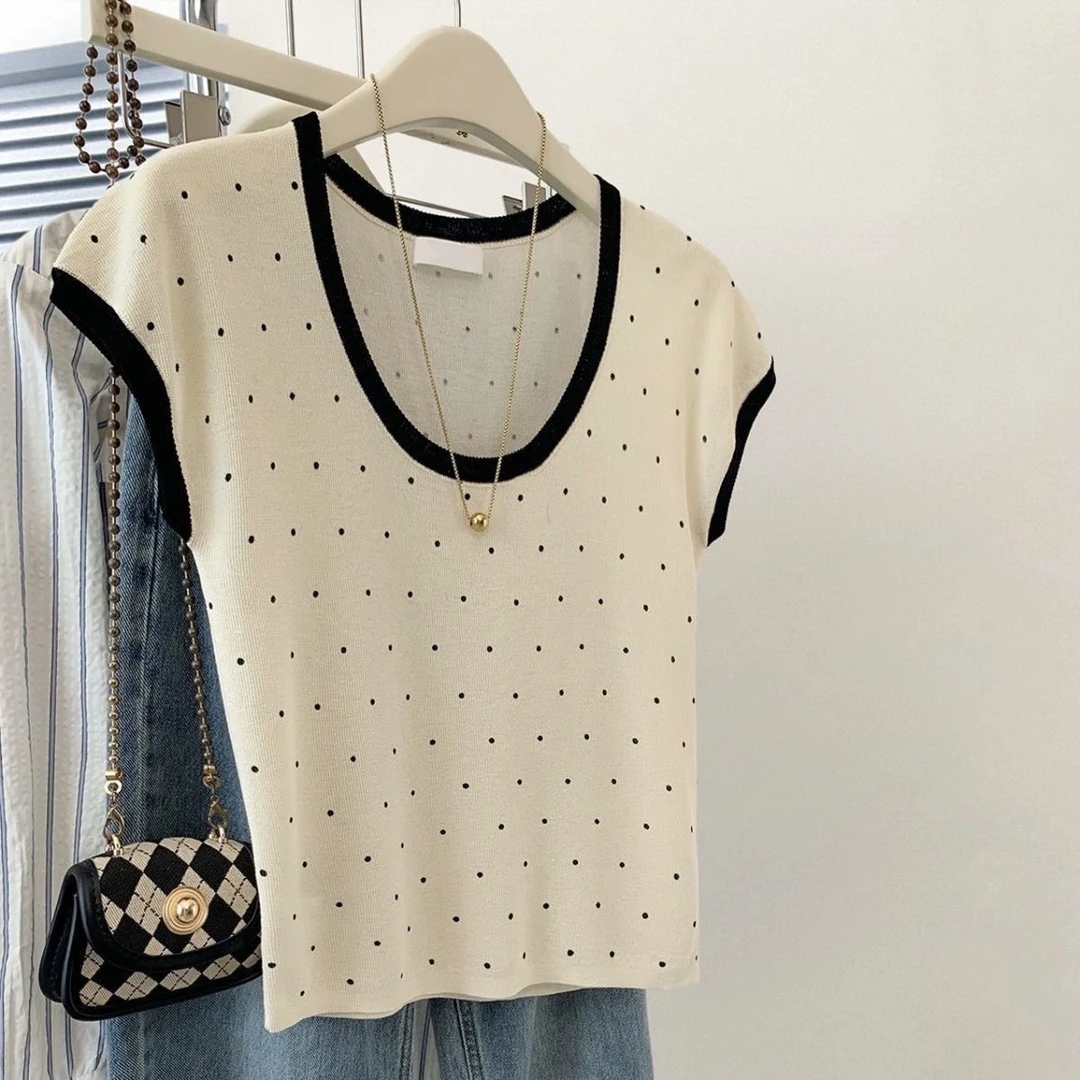 【80-180斤】u领波点法式上衣女夏季冰丝飞飞袖遮肉显瘦气质T恤衫女