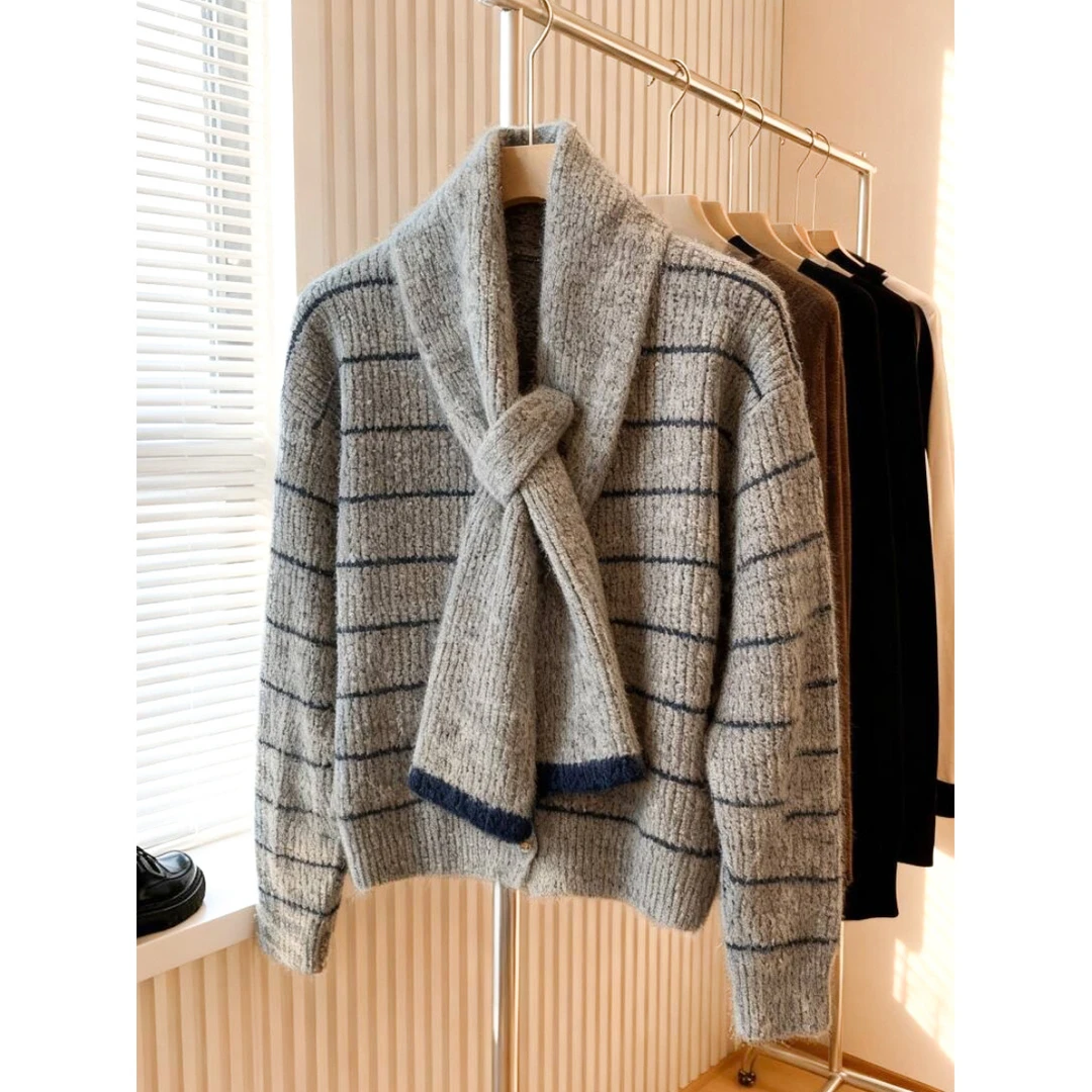 好看到心坎里！秋冬针织衫女宽松休闲V领毛衣条纹慵懒百搭长袖上衣