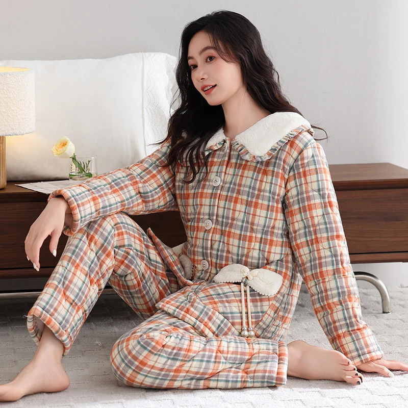 三层加厚夹棉睡衣女冬季保暖梭织纯棉长袖长裤柔软大码家居服套装