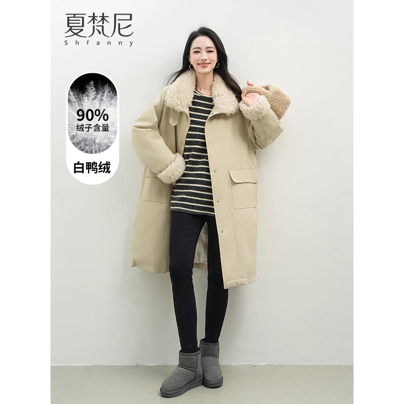 夏梵尼杏仁摩卡新款90白鸭绒派克羽绒服网红中长款加厚百搭外套女
