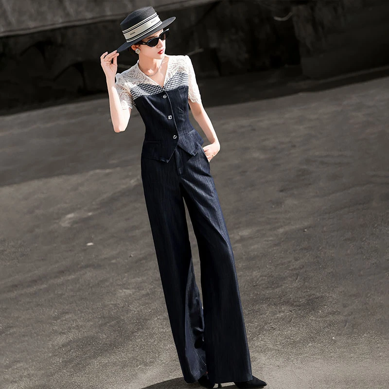 兰瑟儿夏季新款两件套设计感刺绣拼接上衣阔腿裤套装105XO0857