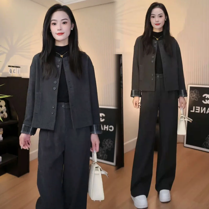 时尚套装女2025秋季新款时髦洋气宽松短外套阔腿裤毛呢加厚两件套