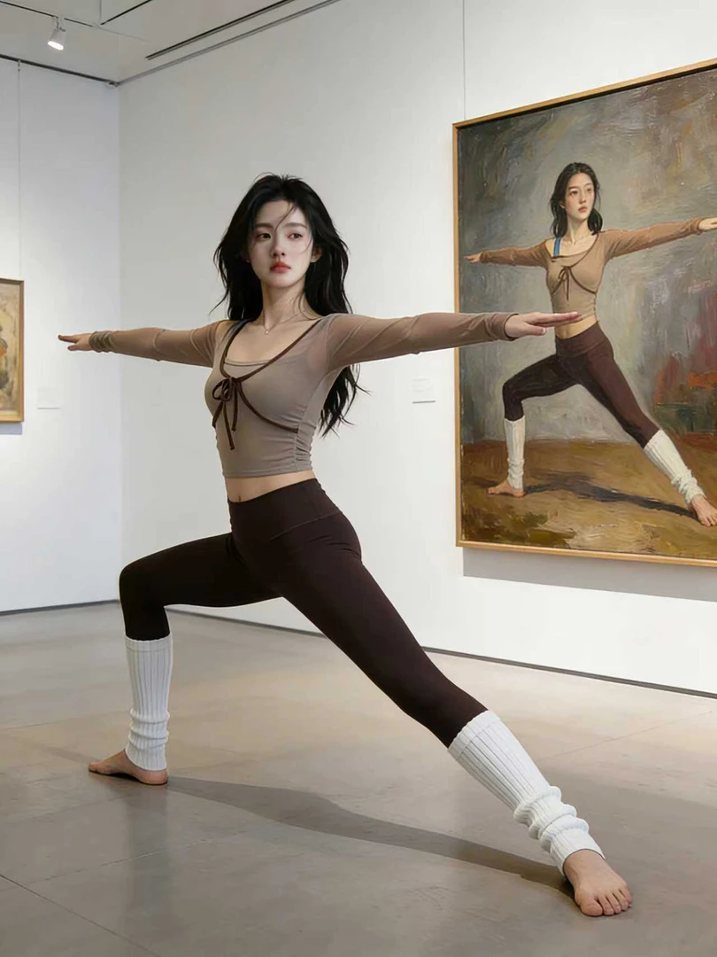 [原创设计-假两件撞色蝴蝶结网纱固定胸垫瑜伽长袖]普拉提运动T恤