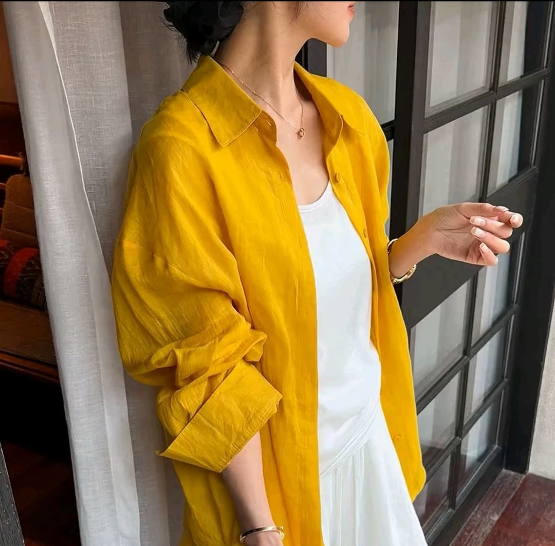 8068POLO领苎麻防晒衬衫女欧洲站2025早春新款欧货女装时尚