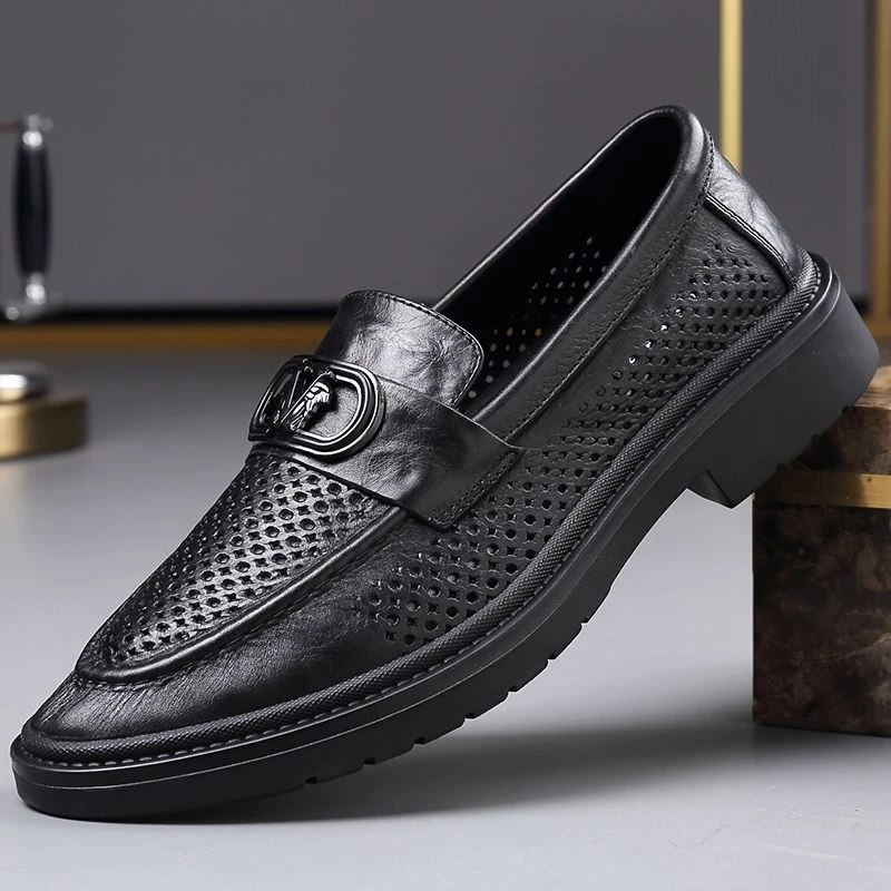 渡诺班尼夏季打孔透气皮凉鞋男一脚蹬软底镂空英伦商务休闲皮鞋男