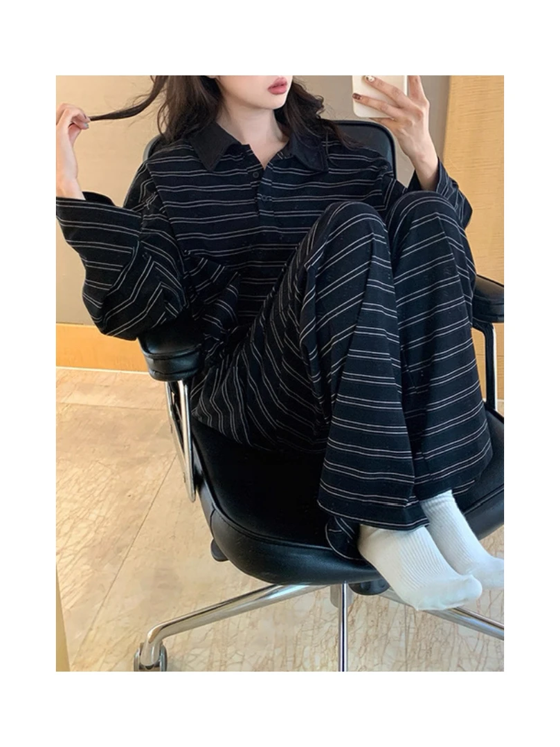 2025新款睡衣女黑底条纹韩系慵懒风长袖高级感家居服套装可外穿