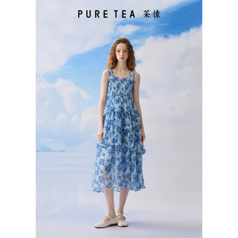 【黯夜蓝玫瑰】A型玫瑰雪纺印花吊带连衣裙夏季新款KD1903D21