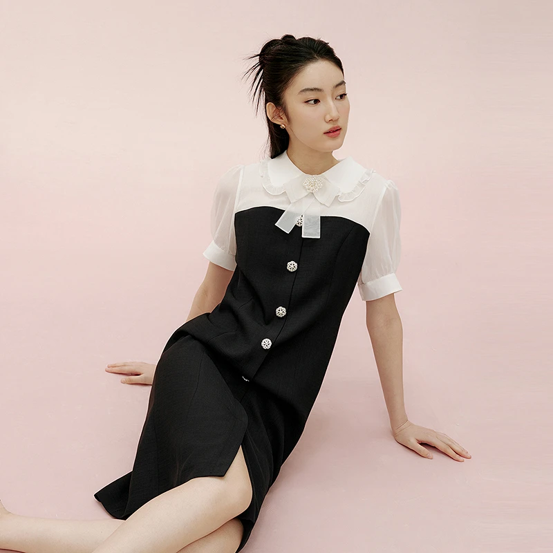 LIME/莱茵【都市印记】夏季法式撞色通勤连衣裙黑色LDGB4AWOP818