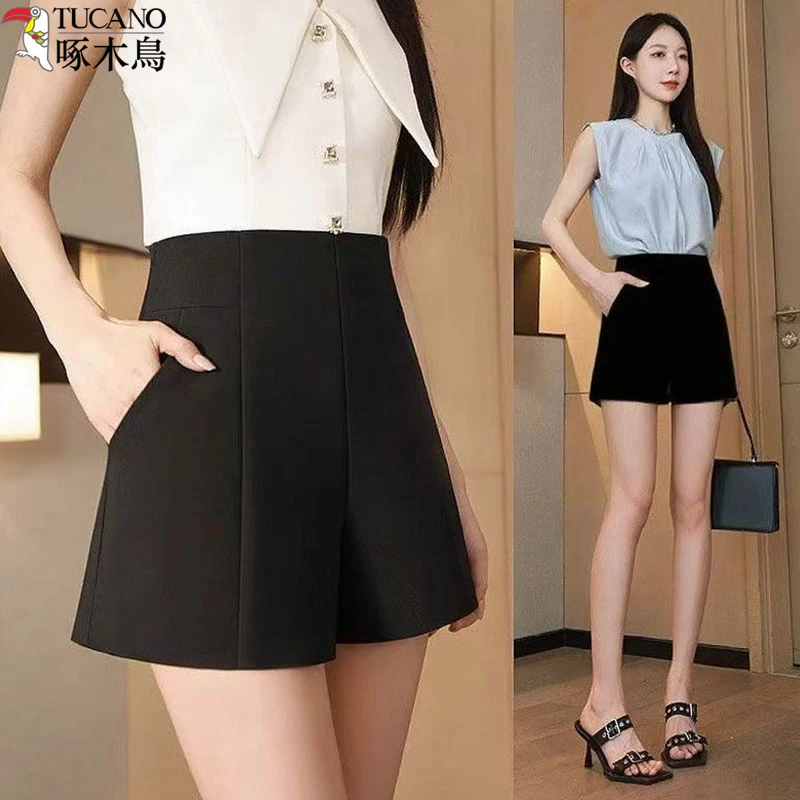 TUCANO/啄木鳥短裤女夏季2025新款外穿高腰a字显瘦薄款黑色西装裤