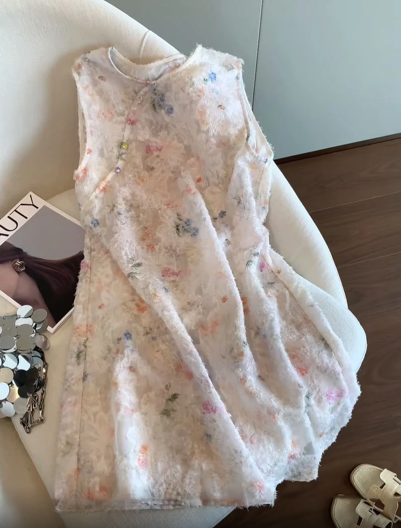 国风甜美减龄少女蕾丝刺绣印花无袖连衣裙女2025夏休闲显瘦背心裙