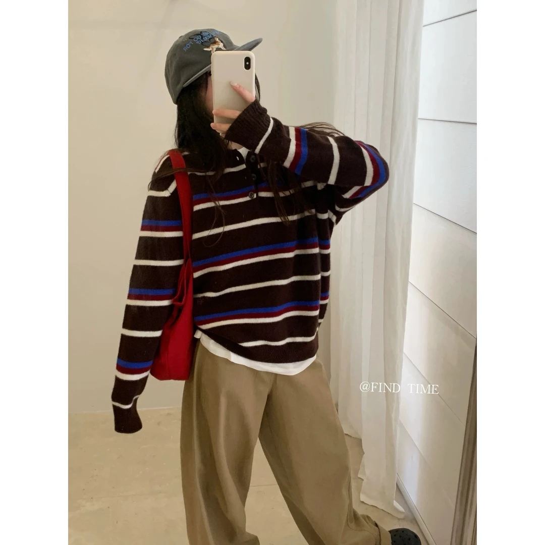 MEIZHENZI【100绵羊毛】复古条纹翻领针织衫女毛衣（不可机洗）