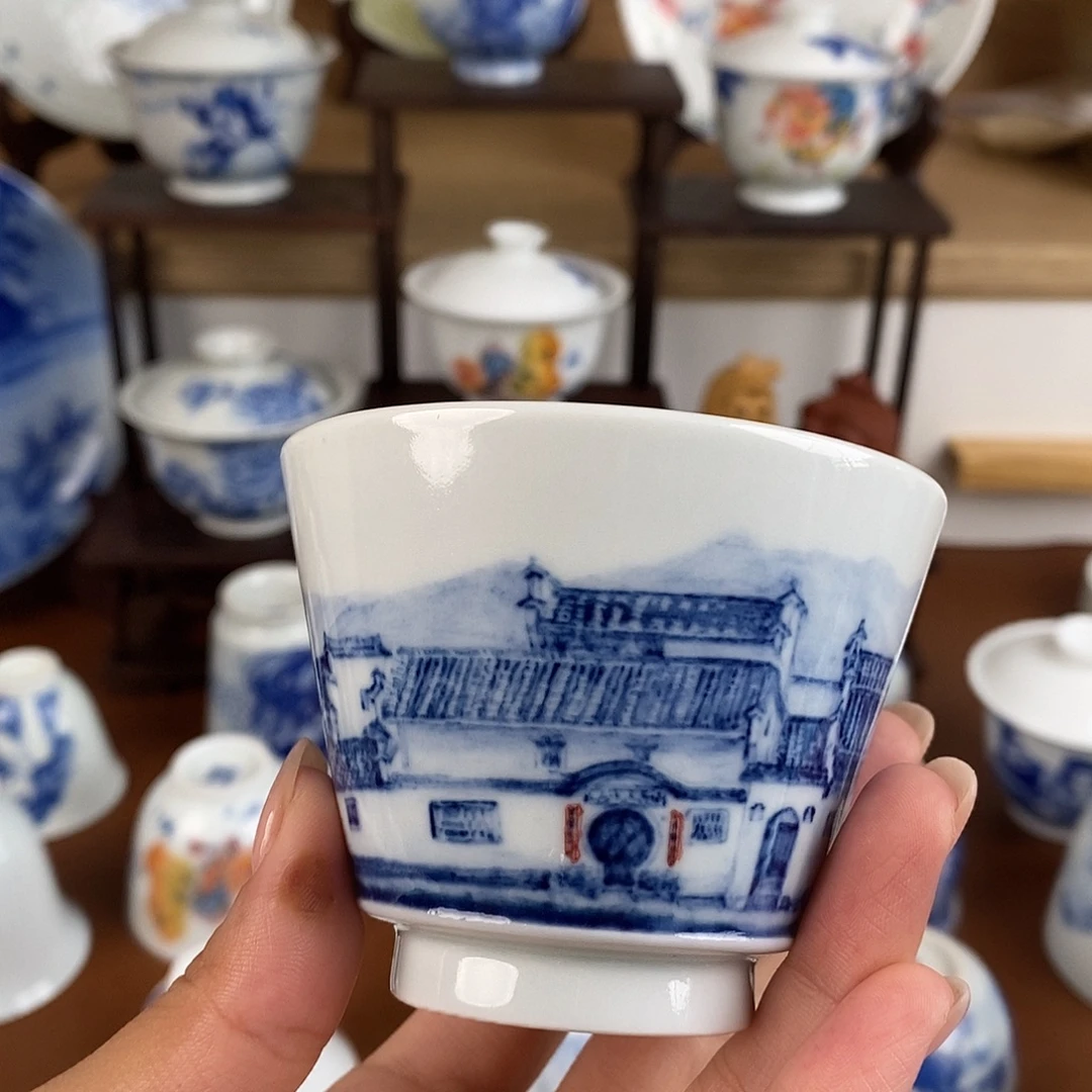 青花徽派建筑马蹄杯