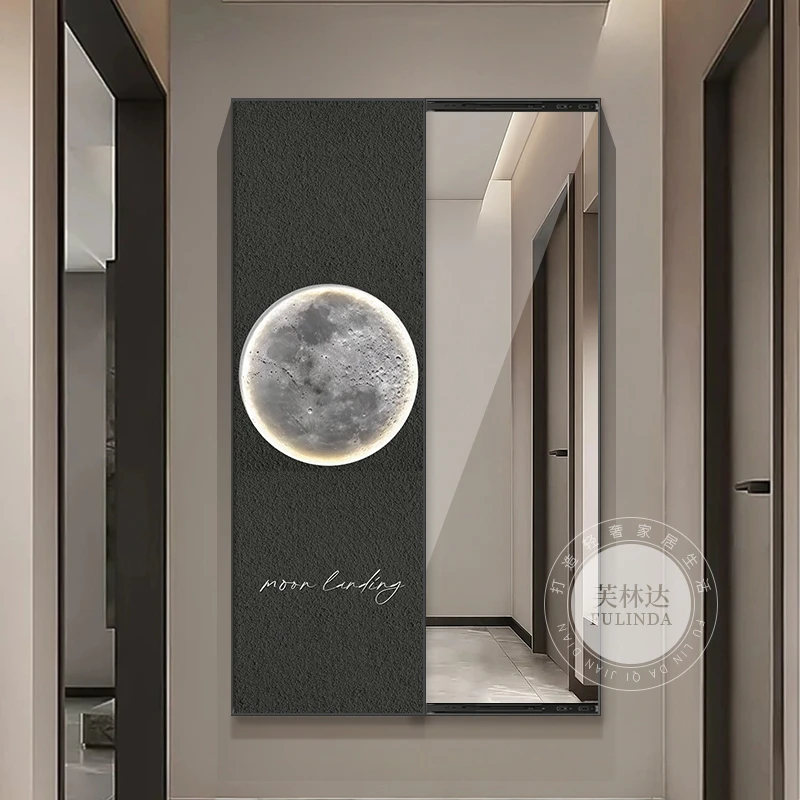 隐藏式推拉全身镜玄关装饰画现代简约高级感月球暗藏式穿衣镜挂画