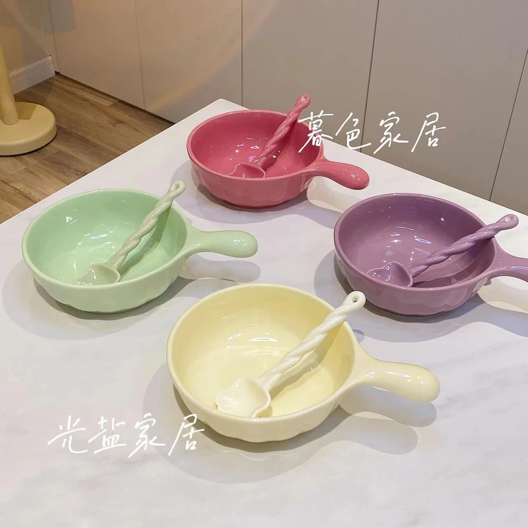 【手柄碗+麻花勺】奶油风手把碗少女心汤碗勺陶瓷餐具家用釉下彩