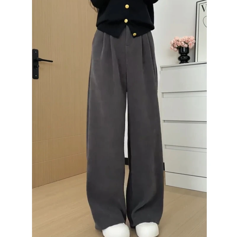 深灰色宽松西装休闲裤女早秋新款大码胖mm高腰慵懒风垂感拖地长裤