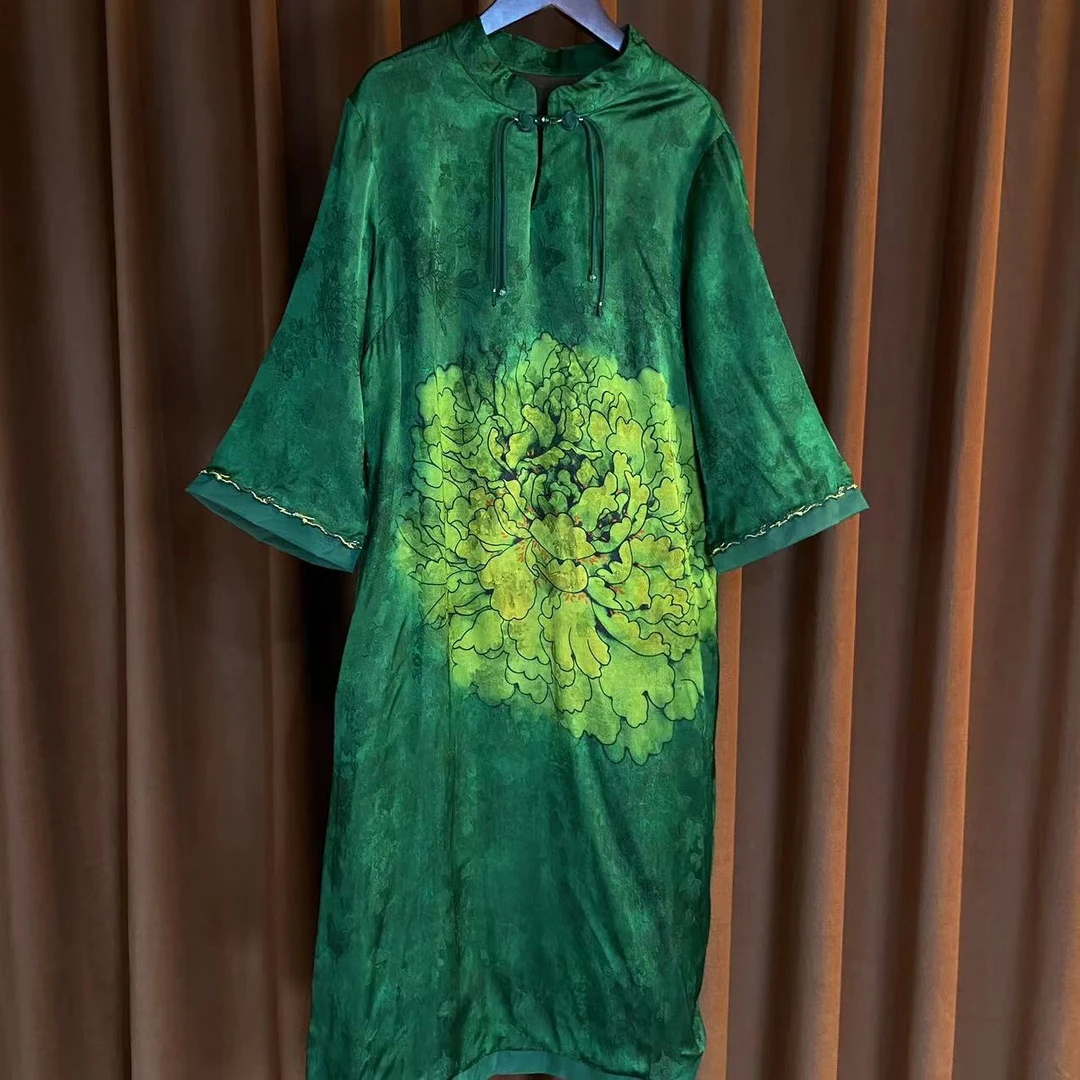 【松月】春夏新中式提花气质短袖长裙时尚重磅连衣裙中长款对襟女士