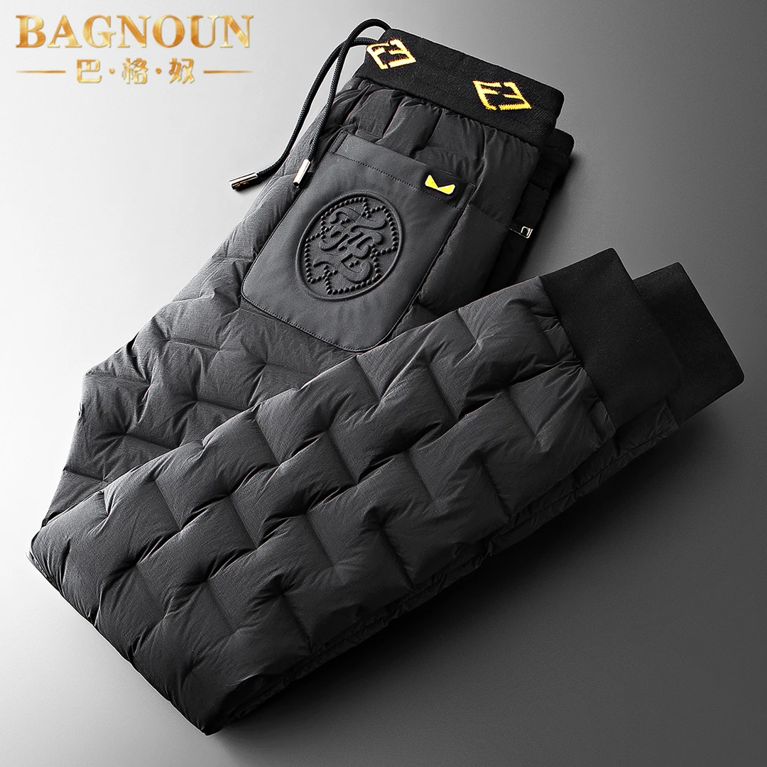 巴格奴羽绒裤男士冬季新款时尚轻盈弹力加厚白鹅绒防水小脚长裤子