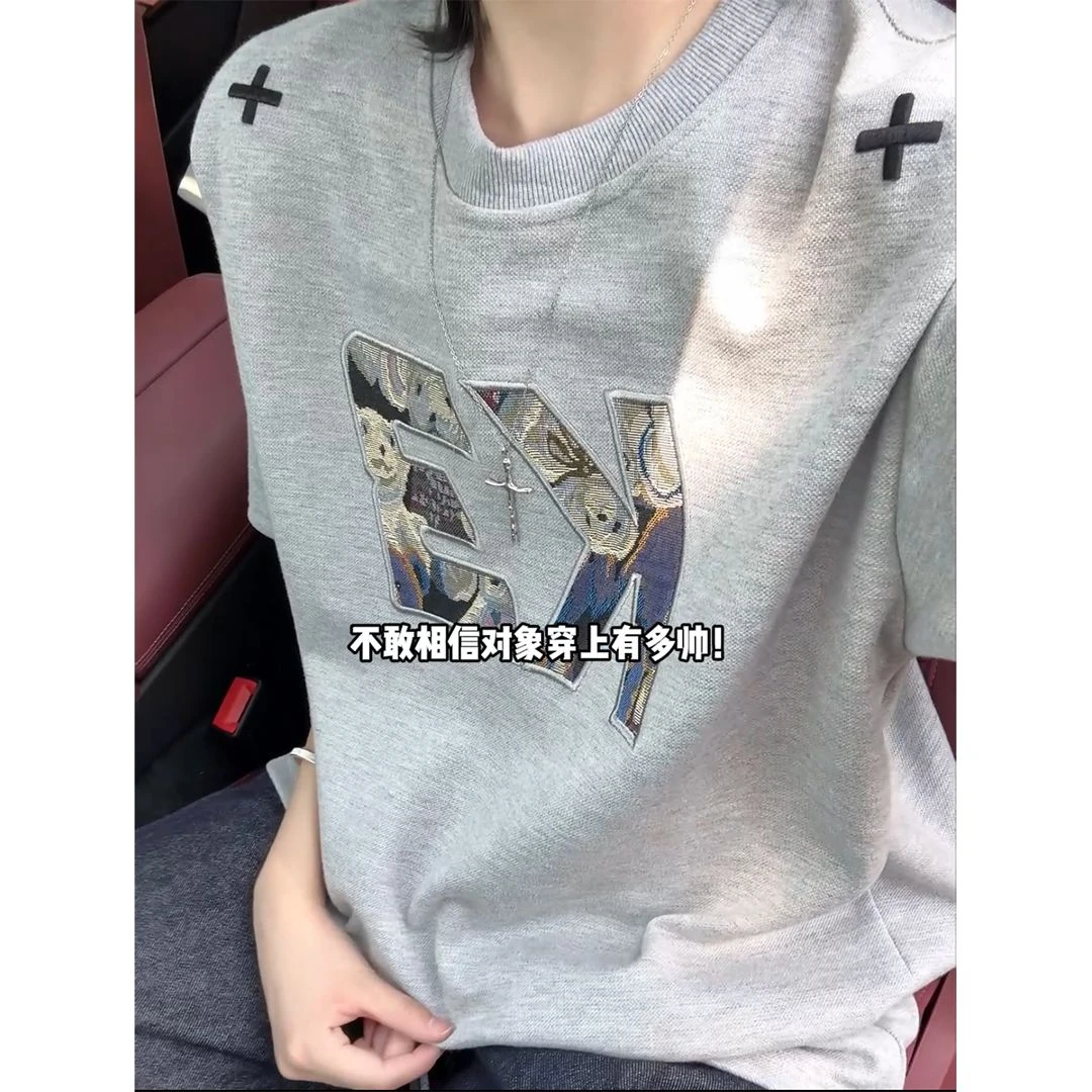 透气网眼夏季重磅短袖男高级感贴布刺绣重工艺T恤衫ins潮牌五分袖