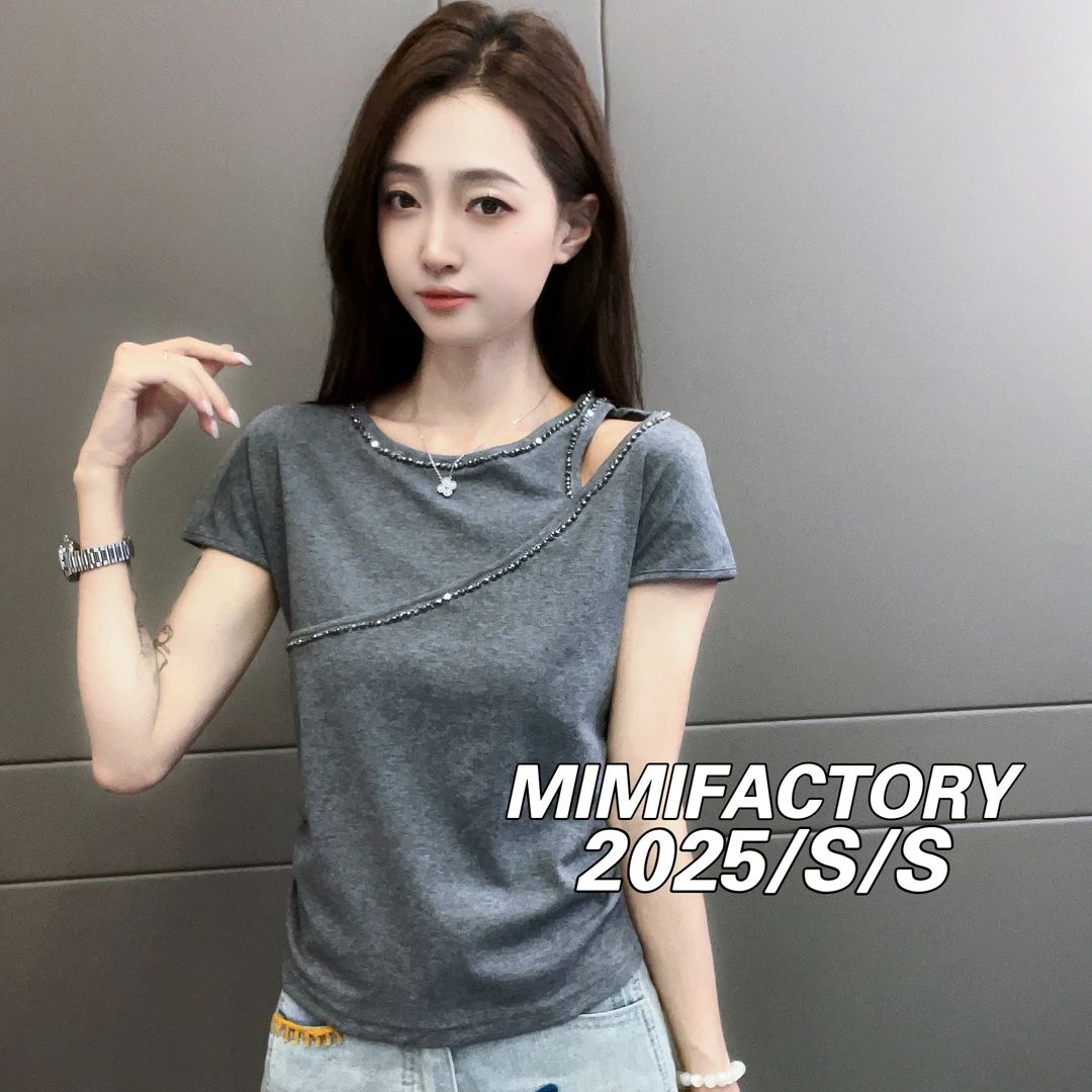 芈芈-2025夏季新款 镂空钉珠飞袖设计短袖T恤女修身显瘦上衣4660#