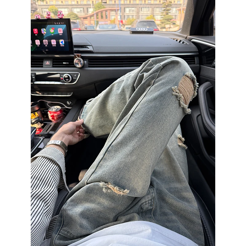 水洗复古蓝破洞牛仔裤男款美式高街破坏感裤子潮牌窄版直筒微喇裤