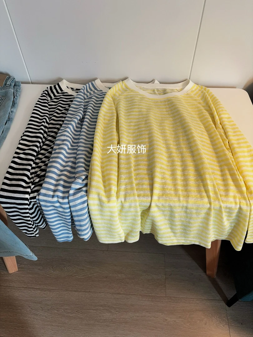 条纹防晒T。显白慵懒！圆领长袖条纹T恤针织套头防晒衣2708