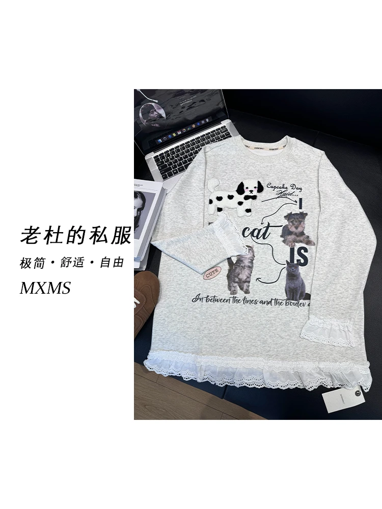 （麦欢尼）643A-8-重工贴布绣斑点狗狗印花猫狗蕾丝边袖圆领卫衣