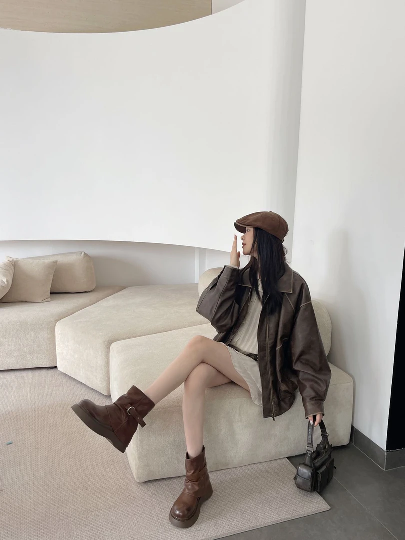 酷辣烟馆靴增高厚底美拉德圆头发泡厚底马丁靴弹力秋冬