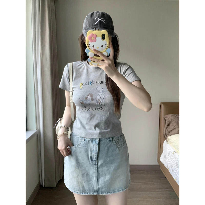 小沈美眉 韩系少女 小狗印花字母钉珠T恤夏圆领短袖上衣女
