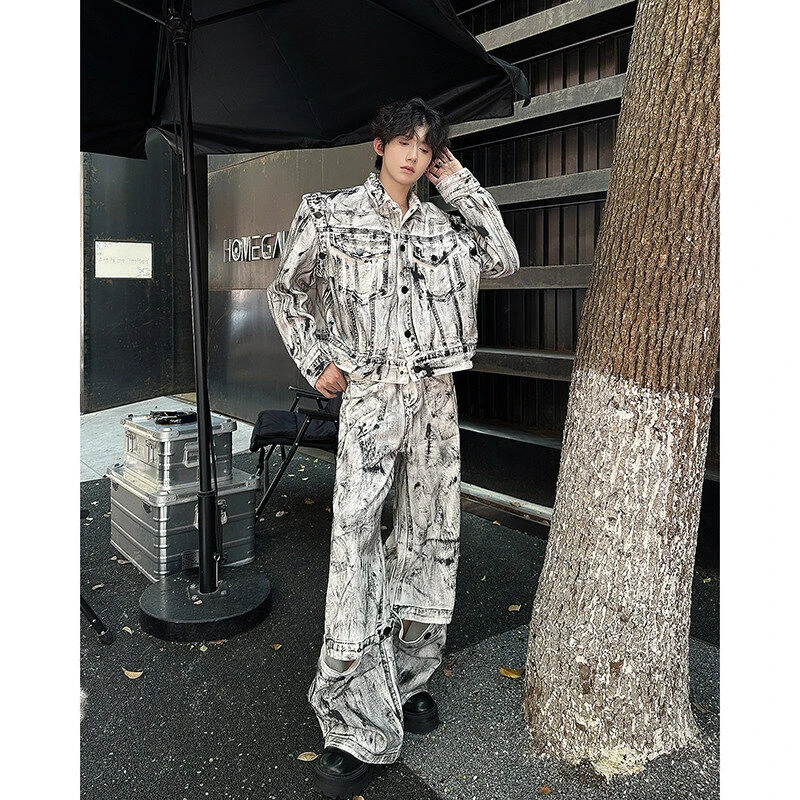 秋装美式可拆裤腿垫肩短款牛仔夹克套装男嘻哈喷绘阔腿长裤两件套