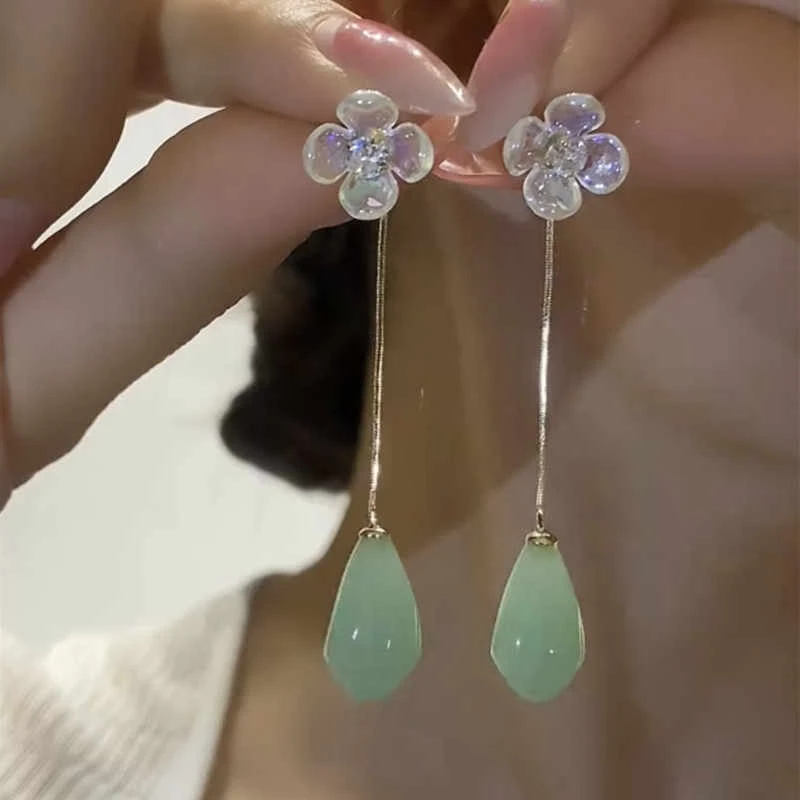 铜合金耳饰 B113超仙玉兰花耳环文艺小清新一式两戴长款流苏耳坠