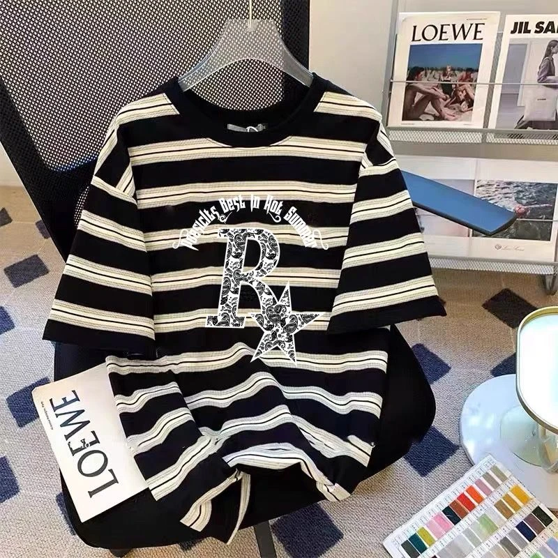 潮牌条纹短袖t恤男生宽松休闲大码上衣男女美式半截袖学生青少年