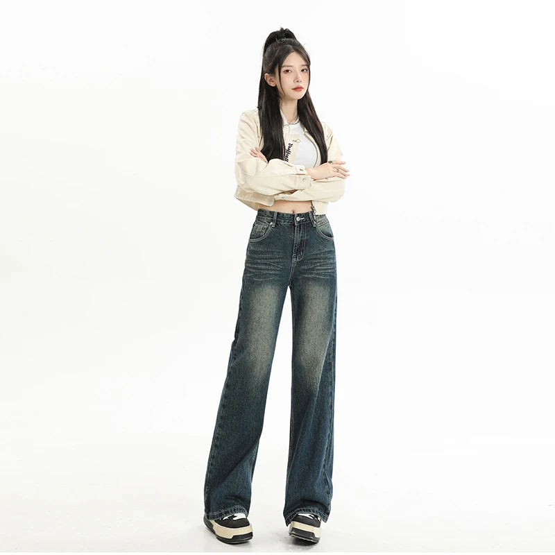哥弟阿玛施正美式复古水洗怀旧蓝辣妹阔腿裤女秋季高腰宽松显瘦