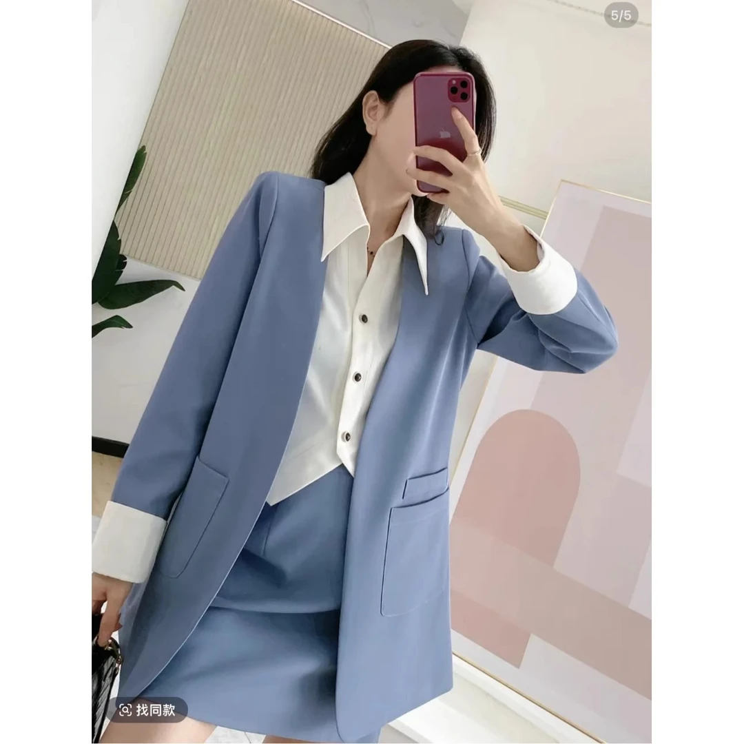 假两件拼接西装外套+后松紧半身裙两件套