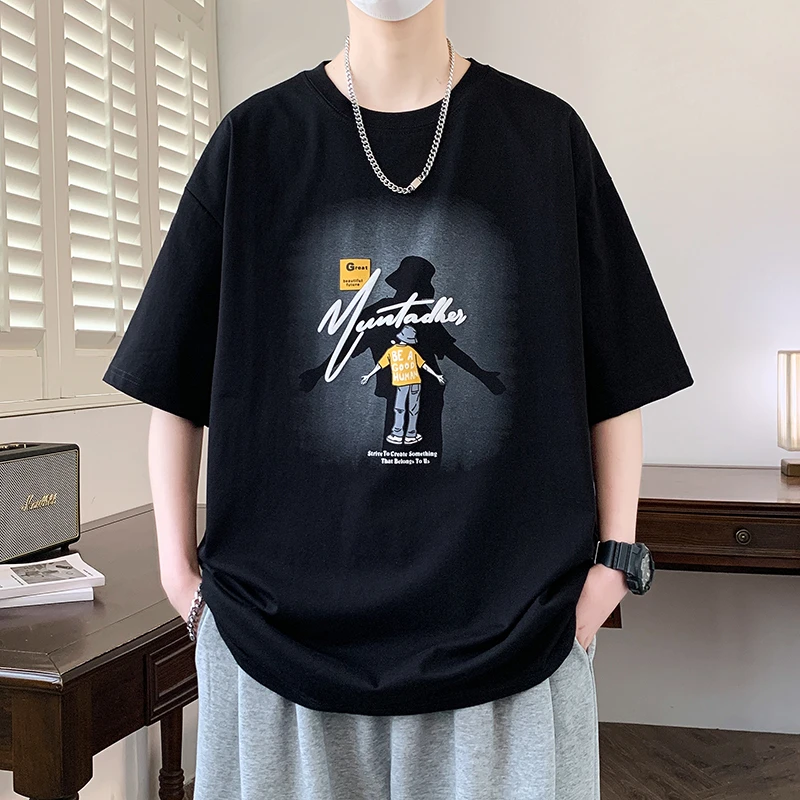 夏季2025新款学生短袖青少年圆领T恤休闲潮流印花五分袖半袖宽松