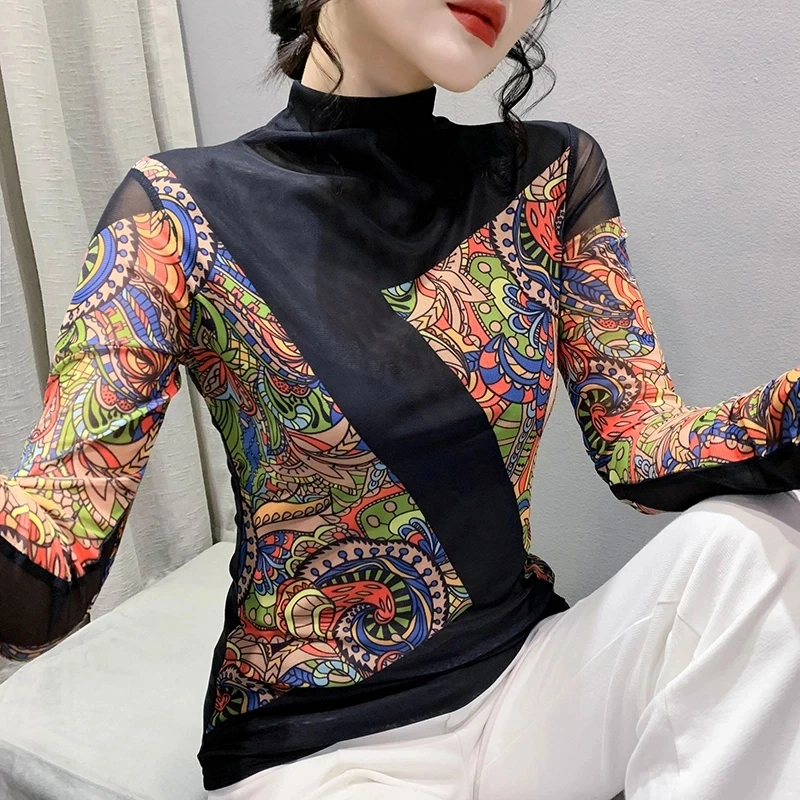 欧货女装2024秋冬时尚洋气长袖高领网纱t恤女上衣