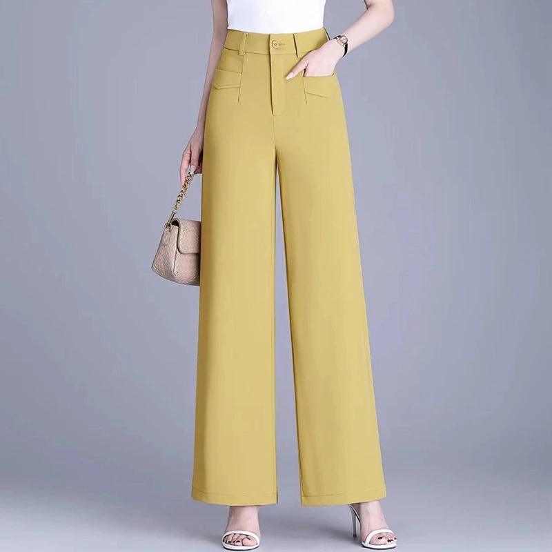 时尚冰丝阔腿裤女夏季薄款2025新款直筒裤垂感休闲窄版黑色西装裤