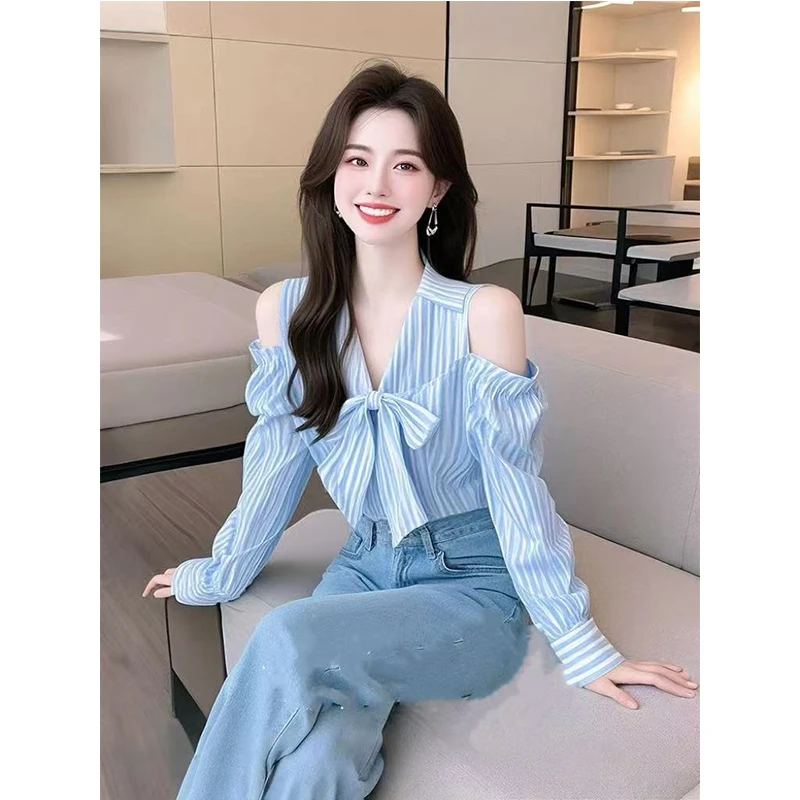 蓝色蝴蝶结条纹衬衫春秋女款2025新款露肩气质高级感法式衬衣上衣