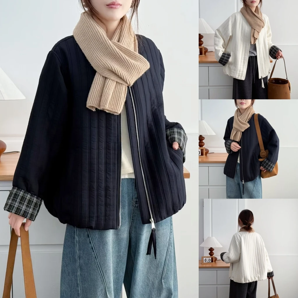 大码胖mm时尚减龄坑条圆领保暖棉衣女秋冬新款宽松藏肉加厚外套