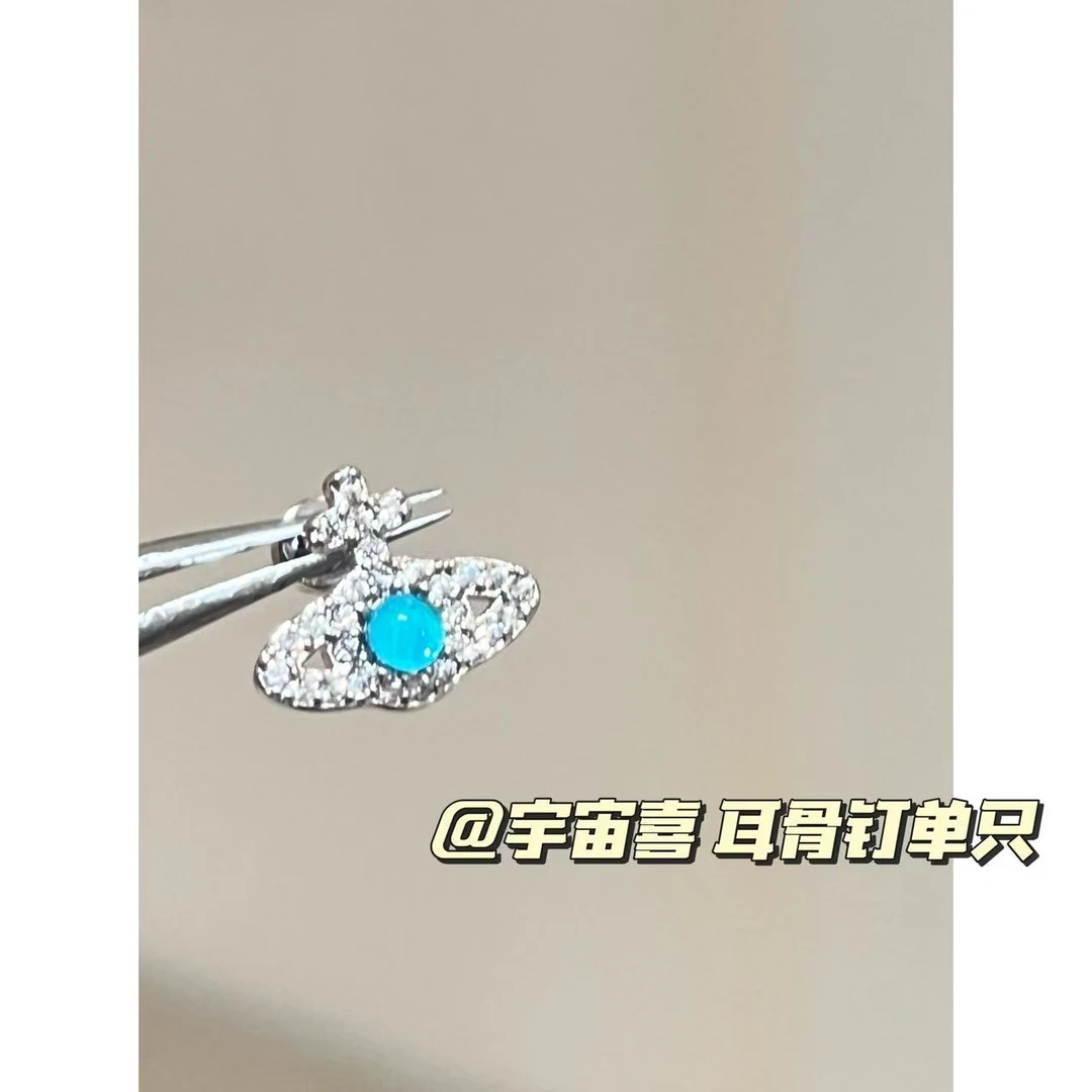 钛钢锆石耳饰 Z3-019【蓝色幻彩白锆线条星球旋拧耳骨钉】单只