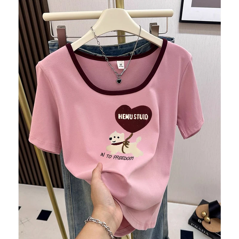 撞色方领上衣夏季2025新款独特别致设计感小众短袖正肩t恤女显瘦