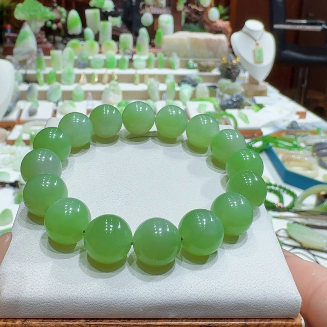 和田玉翠青手串卡13未镶嵌