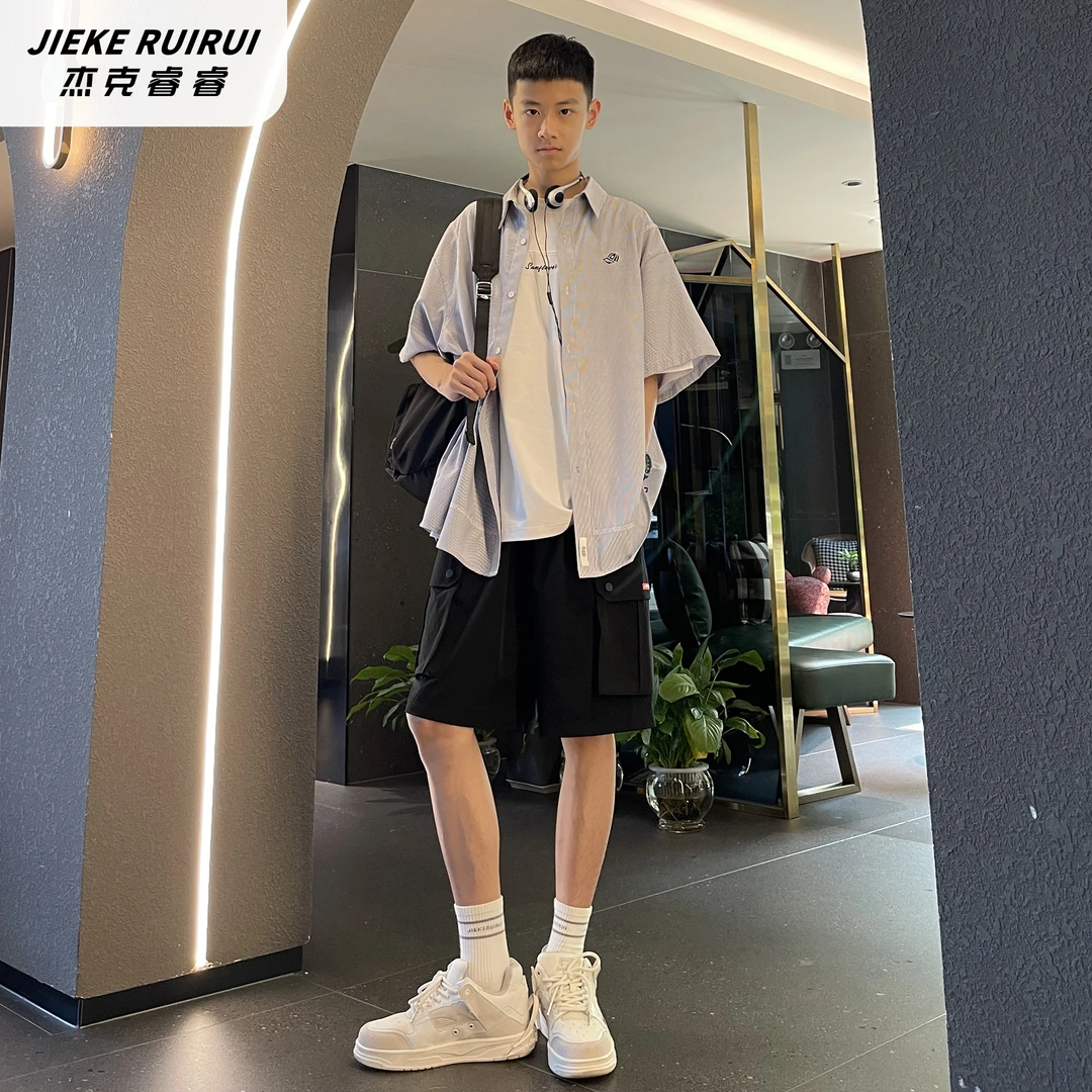 【现货-睿】潮牌夏季休闲时尚短袖透气薄款衬衫大童薄外套杰克睿睿