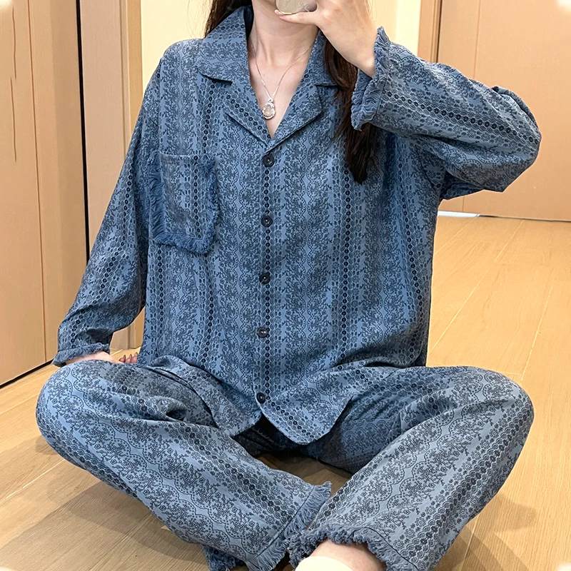 Meng luan/梦鸾德绒睡衣女春秋季新款蓝色高级感带胸垫家居服套装