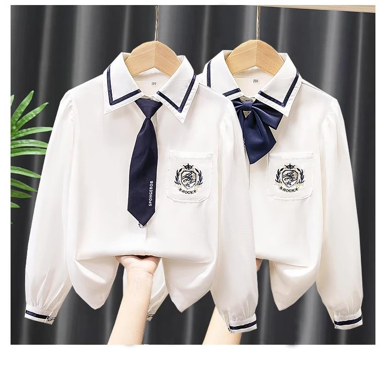 FAVMARTHA女童白色衬衫外套春装长袖薄大童学院风衬衫女孩春秋季