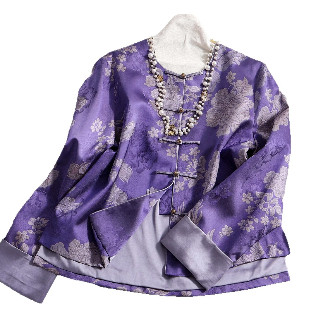 深圳南油真丝老缎印花新中式国风外套2025秋季宽松老钱风唐装上衣