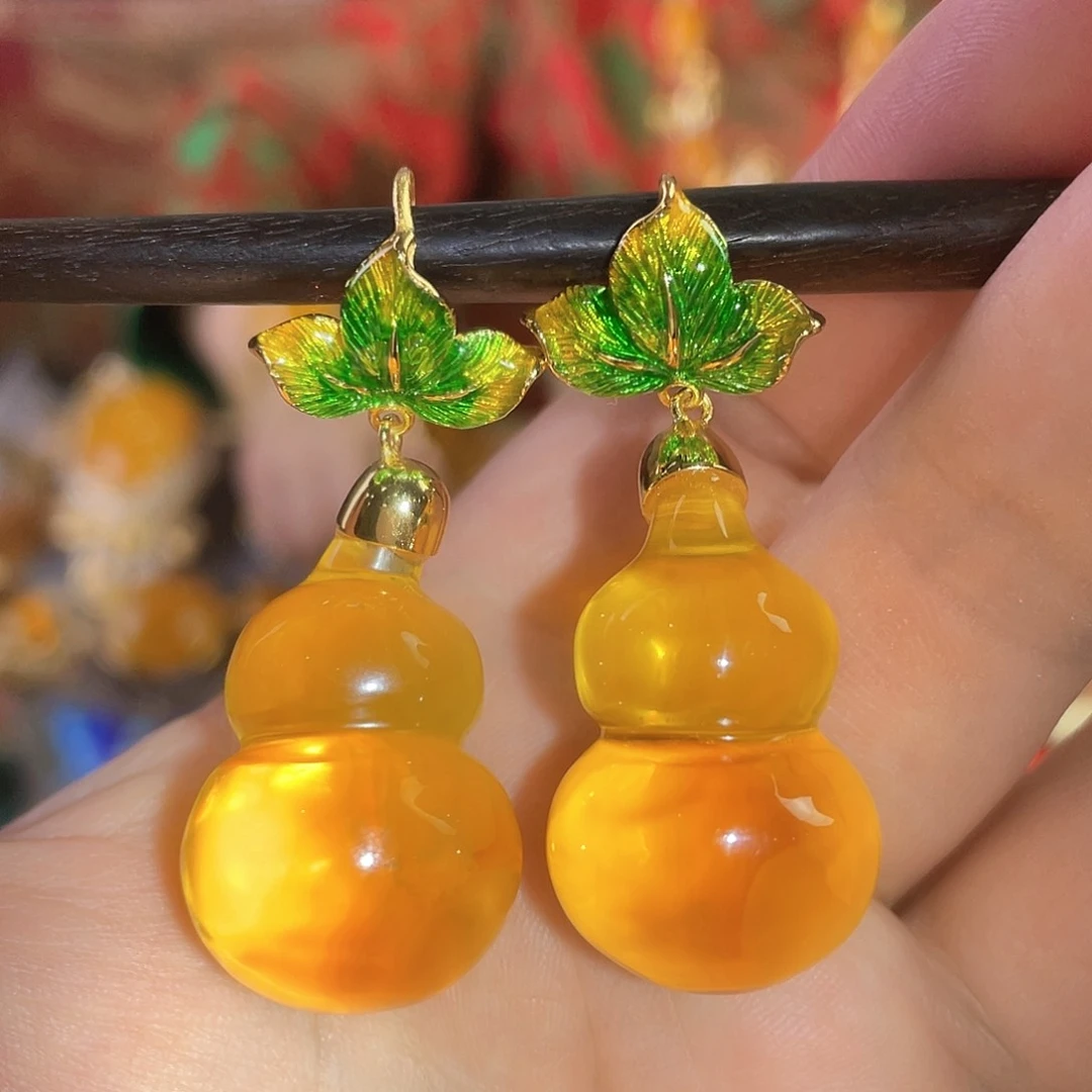 蜜蜡耳环银S925镀金镶嵌