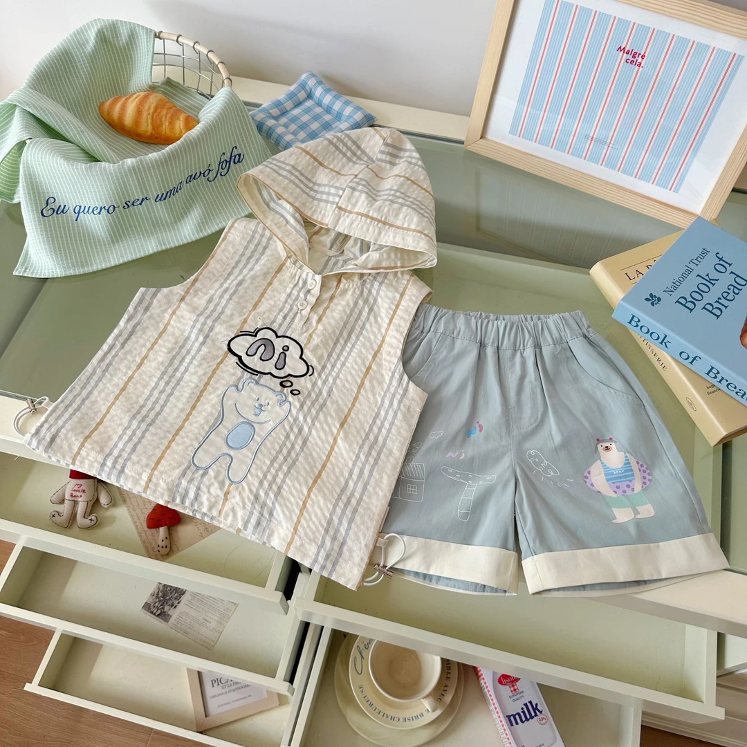 【海边小熊】DZ25072橘止皮2025夏新品男小童连帽背心棉布短裤套装